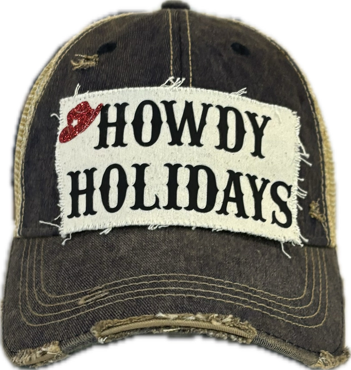 Black Distressed cap with 'Howdy Holidays' patch on a white background