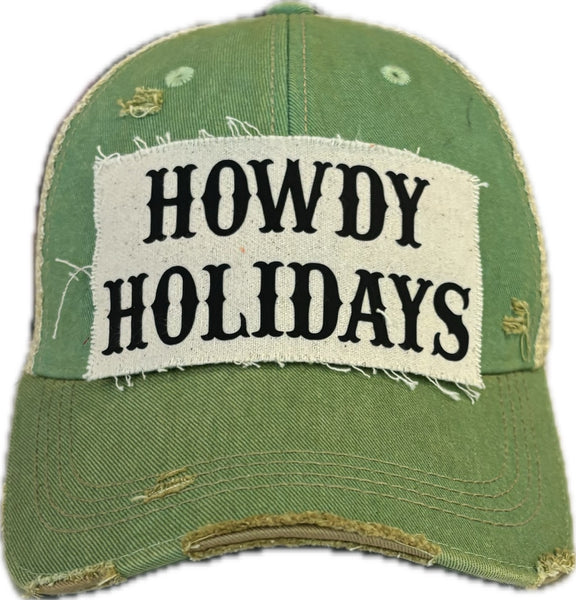 Green cap with 'HOWDY HOLIDAYS' patch on a white background