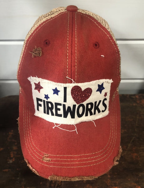 I love Fireworks Hat, 4th of July Ball Cap, Independence Day Hat